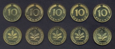GERMANIA RFG SET COMPLET DE MONEDE 10 Pfennig x5 buc 1994 A D F G J KM-108 UNC foto