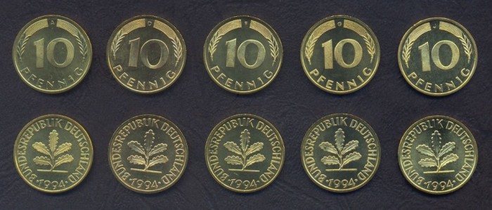 GERMANIA RFG SET COMPLET DE MONEDE 10 Pfennig x5 buc 1994 A D F G J KM-108 UNC