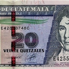 GUATEMALA █ bancnota █ 20 Quetzales █ 2012 █ P-124 █ UNC █ necirculata