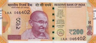 INDIA █ bancnota █ 200 Rupees █ 2017 █ P-113 █ PREFIX 1AA ! █ UNC █ necirculata foto