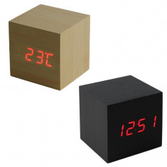 Ceas digital Cub lemn, LED rosu, senzor sunet, alarma, afisare temperatura, data foto