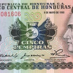 HONDURAS █ bancnota █ 5 Lempiras █ 1980 █ P-63a █ UNC █ necirculata
