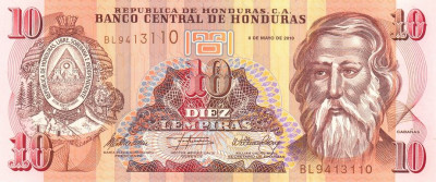 HONDURAS █ bancnota █ 10 Lempiras █ 2010 █ P-86e █ UNC █ necirculata foto