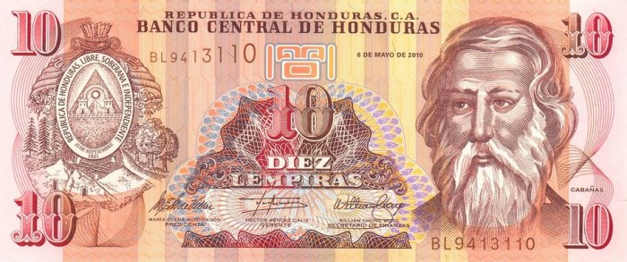 HONDURAS █ bancnota █ 10 Lempiras █ 2010 █ P-86e █ UNC █ necirculata