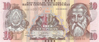 HONDURAS █ bancnota █ 10 Lempiras █ 2014 █ P-99 █ UNC █ necirculata foto