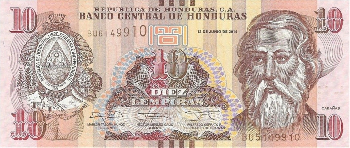 HONDURAS █ bancnota █ 10 Lempiras █ 2014 █ P-99 █ UNC █ necirculata