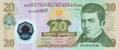 HONDURAS █ bancnota █ 20 Lempiras █ 2008 █ P-95-2 █ POLYMER █ UNC █ necirculata foto