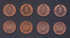 GERMANIA RFG SET COMPLET DE MONEDE 1 Pfennig x4 buc 1988 D F G J KM-105 UNC