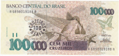 BRAZILIA 100 cruzeiros reais ND 1993 UNC supratipar 100000 cruzeiros P-238 foto