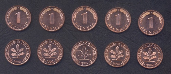 GERMANIA RFG SET COMPLET DE MONEDE 1 Pfennig x5 buc 1994 A D F G J KM-105 UNC