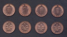 GERMANIA RFG SET COMPLET DE MONEDE 1 Pfennig x4 buc 1979 D F G J KM-105 UNC