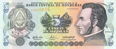 HONDURAS █ bancnota █ 5 Lempiras █ 2004 █ P-85d █ UNC █ necirculata foto
