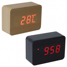 Ceas digital LED, din lemn, senzor sunet, data, temperatura, 3 grupe alarma, pentru birou foto