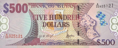 GUYANA █ bancnota █ 500 Dollars █ 2000 █ P-34a █ semnatura 11 █ UNC necirculata foto