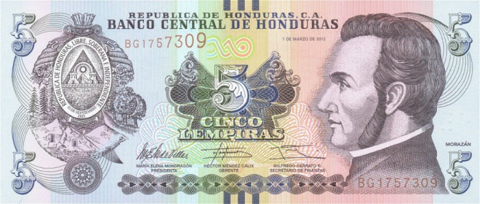 HONDURAS █ bancnota █ 5 Lempiras █ 2012 █ P-98a █ UNC █ necirculata