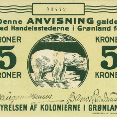 GROENLANDA █ bancnota █ 5 Kroner █ 1913 █ P-14 █ UNC █ necirculata