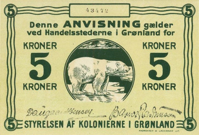GROENLANDA █ bancnota █ 5 Kroner █ 1913 █ P-14 █ UNC █ necirculata foto