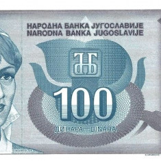 IUGOSLAVIA █ bancnota █ 100 Dinara █ 1992 █ P-112 █ UNC █ necirculata