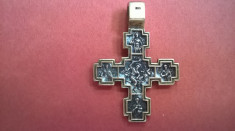 Cruce ortodoxa ruseasca ,argint 925,placata cu aur,4 x 3 cm,8g,imagini biblice. foto