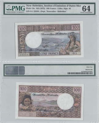 1975, 100 francs (P-18c) - Noile Hebride - stare UNC (PMG 64)! (CRC: 74%) foto