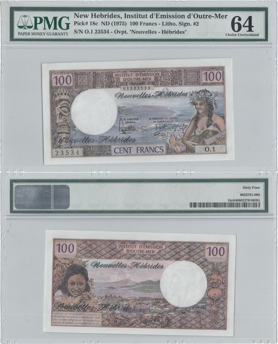 1975, 100 francs (P-18c) - Noile Hebride - stare UNC (PMG 64)! (CRC: 74%)