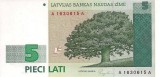 LETONIA █ bancnota █ 5 Lati █ 1992 █ P-43 █ A/A █ UNC █ necirculata