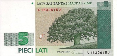 LETONIA █ bancnota █ 5 Lati █ 1992 █ P-43 █ A/A █ UNC █ necirculata foto