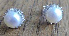 Cercei argint 925, baze surub/cheita/fluture cu perle de cultura albe foto