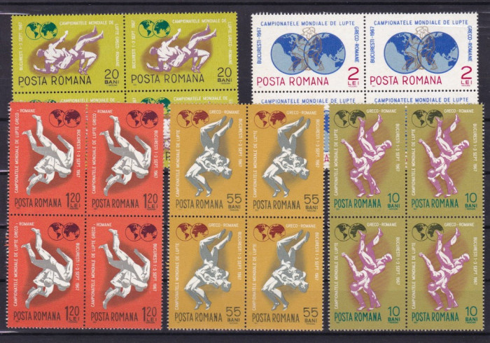 ROMANIA 1967 LP 655 CAMPIONATELE MONDIALE DE LUPTE GRECO-ROMANE BLOCURI DE 4 MNH