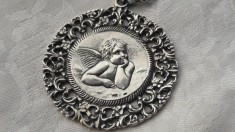 argint MEDALION INGER HERUVIM MASIV MARE de colectie VECHI OPULENT + Lant argint
