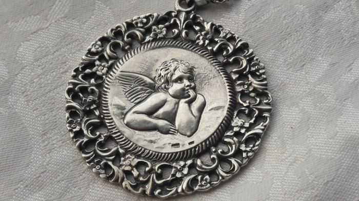 argint MEDALION INGER HERUVIM MASIV MARE de colectie VECHI OPULENT + Lant argint