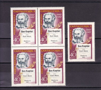 ROMANIA 1967 LP 661-100 ANI APARITIA LUCRARII CAPITALUL KARL MARX BLOC 4+1 MNH foto