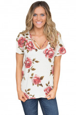 BL913-2 Tricou casual cu imprimeu floral si decolteu accesorizat cu doua bretele subtiri in V foto