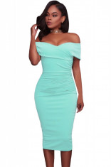 Z523-1224 Rochie midi de ocazie, cyan, cu decolteu bardot foto