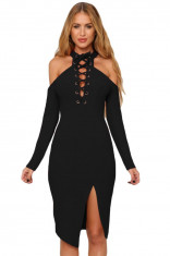 L507-1 Rochie cu maneci lungi, umerii decupati, accesorizata cu snur foto