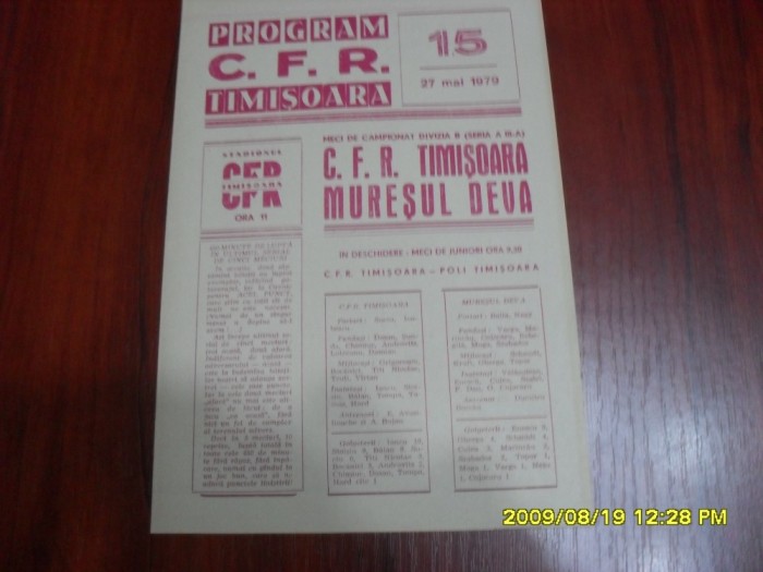 Program CFR Timisoara - Muresul Deva