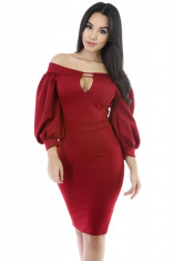 V501-3 Rochie rosie, midi, de cocktail, cu umerii goi si maneci lungi largi foto