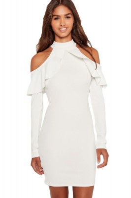 W554-2 Rochie cu maneci lungi, guler inalt si umerii goi accesorizati cu volanas foto