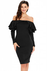 L543-1 Rochie neagra de cocktail, cu umerii goi, maneci lungi si volanase foto