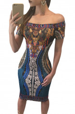 R478-1 Rochie de vara, cu umerii goi si print multicolor Vintage Tribal foto