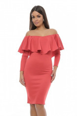 H575-52 Rochie midi de cocktail, cu volanas, umerii goi si maneci lungi foto