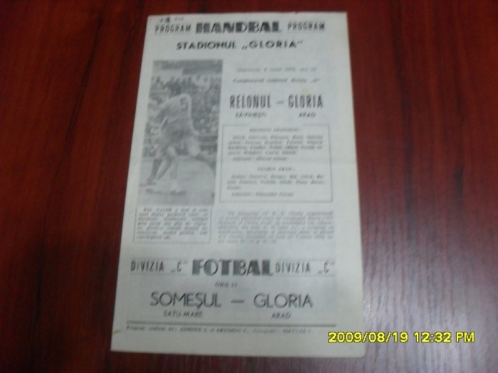 Program fotbal-handbal Gloria Arad - Somesul SM