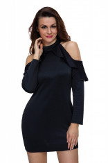 W554-1 Rochie cu maneci lungi, guler inalt si umerii goi accesorizati cu volanas foto