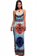 T526-411 Rochie maxi de vara, cu print colorat, spatele decupat si crapaturi laterale foto