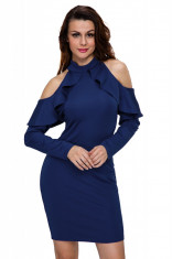 W554-4 Rochie cu maneci lungi, guler inalt si umerii goi accesorizati cu volanas foto