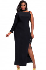 P517P-1 Rochie lunga de seara, cu o maneca lunga si crapatura pe picior - plus size foto