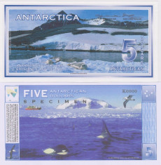 !!! F. RARR : ANTARCTICA - 5 DOLARI 1996 , SPECIMEN - UNC / FORMATUL MARE foto