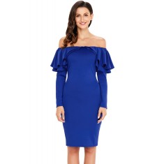 L543-4 Rochie albastra de cocktail, cu umerii goi, maneci lungi si volanase