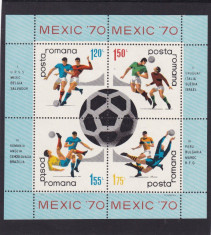 ROMANIA 1970 LP 729 a CAMPIONATUL MONDIAL DE FOTBAL-MEXIC BLOC DE 4 MARCI MNH foto