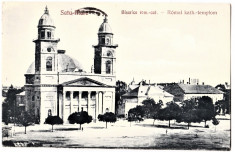 Satu Mare carte postala biserica romano-catolica animata,circulata in 1928 foto